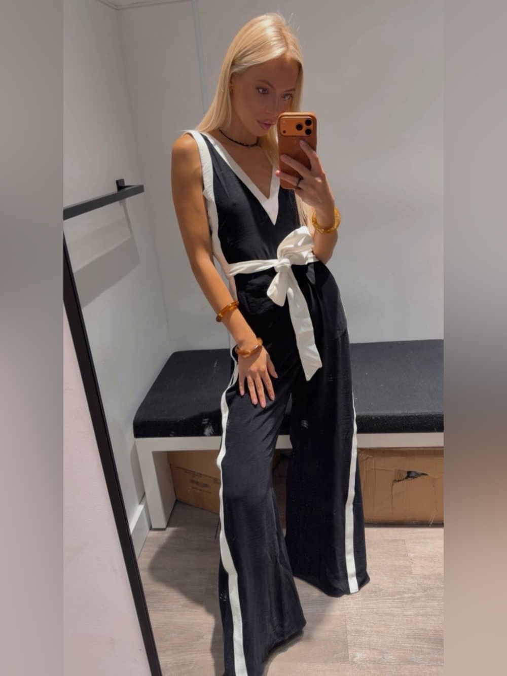 Karl Lagerfeld Paris Black White Contrast Tie Waist Jumpsuit NWT Size 8